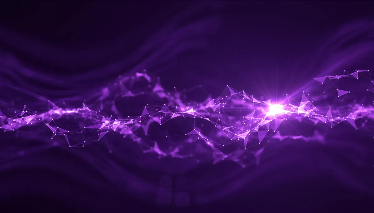 abstract tech digital geometric flow visuals in deep purple and electric violet indigo palette, premium agency-level quality, NO humans, dynamic wave of data lines converging toward a single bright focal point