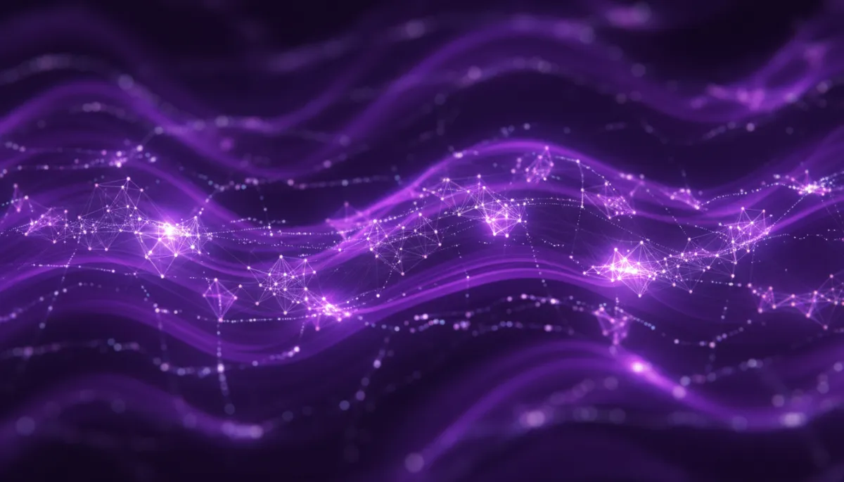 abstract digital flow in deep purple and electric violet indigo, glowing data streams and geometric fractal AI neural network nodes with electric pulses, cinematic lighting, premium agency quality, 16:9 landscape