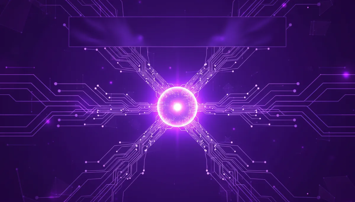 abstract digital/tech/geometric/energy flow visuals in deep purple #4B0082 and electric violet/indigo #6A0DAD #4F46E5, glowing circuit-like streams converging into a central AI core, subtle overlay space for headline text