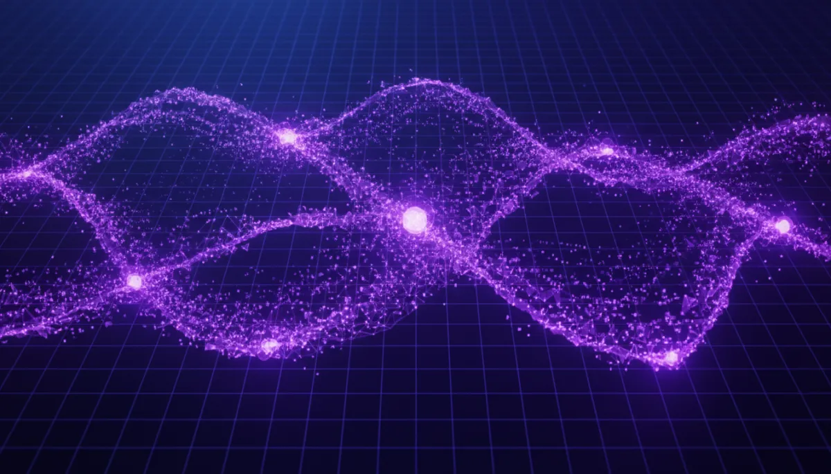 abstract tech/digital/geometric flow of deep purple and electric indigo data streams weaving through glowing nodes, premium 3D render, no humans, high contrast, futuristic grid backdrop