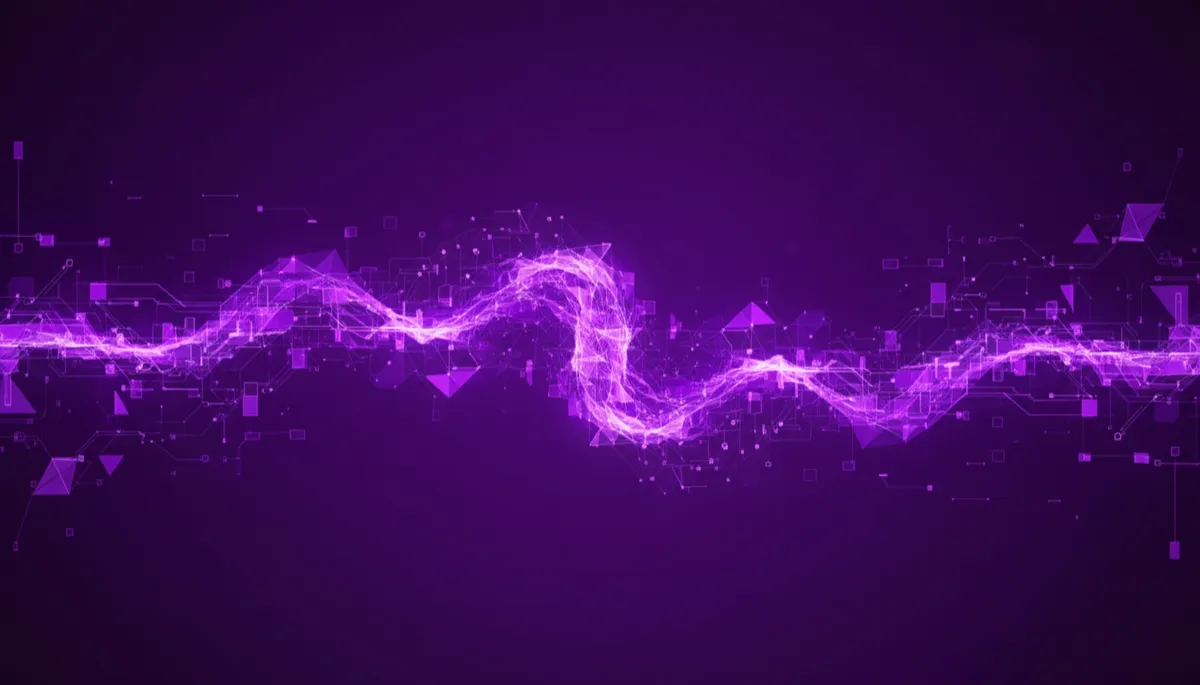 abstract tech/digital scene with deep purple background, electric violet and bright indigo geometric flow patterns and data streams forming a digital aurora, ultra-premium style, no humans