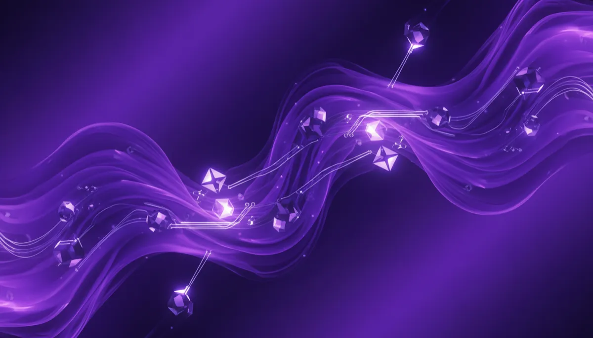 abstract digital art, deep purple #4B0082 and electric violet/indigo #7B2FBE #6B00D7 palette, swirling data streams, geometric neural network nodes, glowing circuit flows with dimensional depth, ultra-premium agency style, no humans, no text, no faces