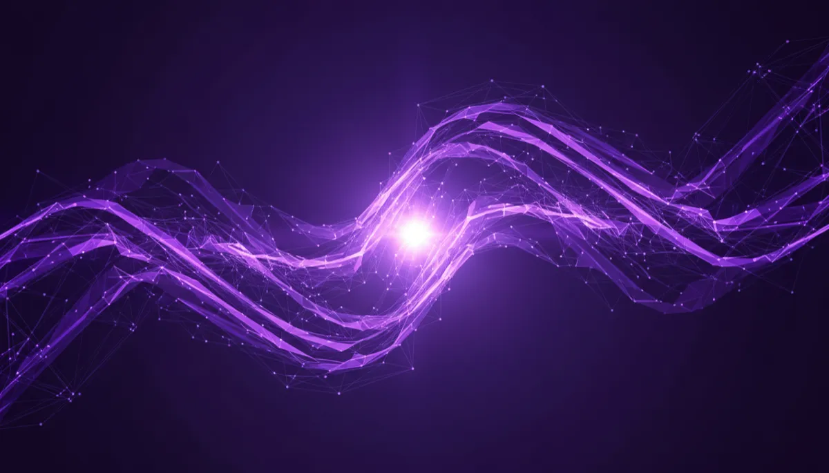 abstract geometric digital art, no humans, deep purple and electric violet indigo palette, wide cinematic flowing data streams and neural network lattice converging toward a bright focal point in the center, premium minimal futuristic agency aesthetic