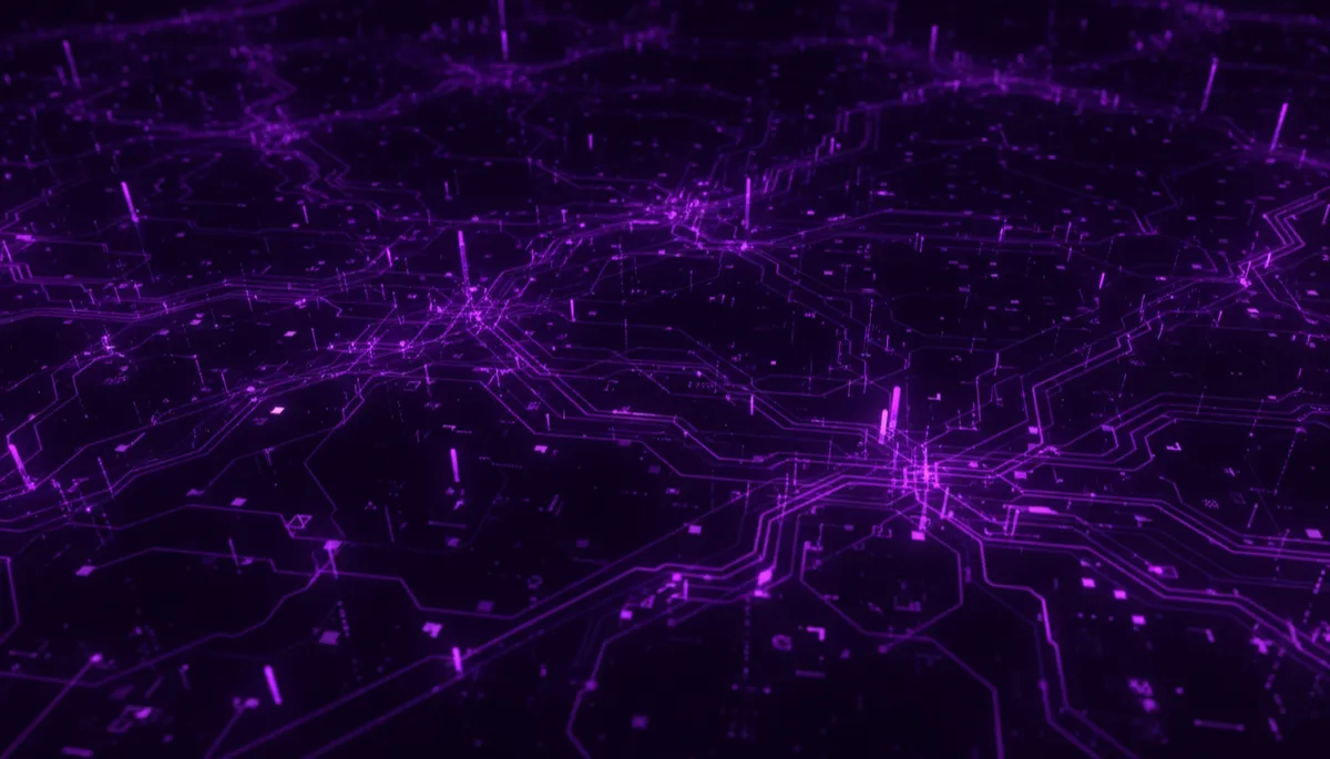deep purple and electric indigo abstract digital neural network and luminous data streams weaving through a dark space, premium agency-level illustration, no humans