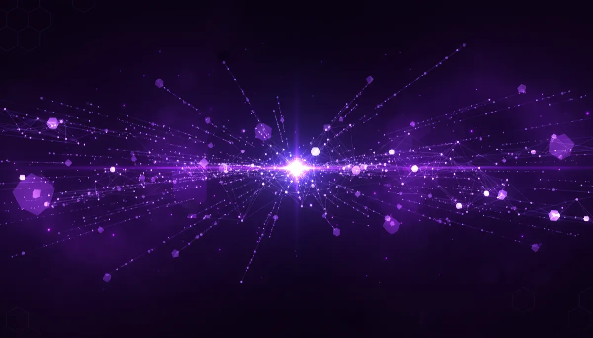abstract digital geometric network visualization in deep purple (#4B0082) and electric violet (#7B2FBE), flowing data streams converging into a central radiant node, cinematic wide 16:9 abstract tech art, no humans, no text, no logos