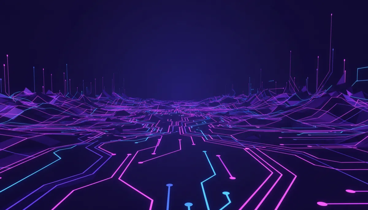 abstract, tech, digital, geometric deep purple and electric violet landscape of flowing light trails and neural network patterns stretching toward the horizon, futuristic circuitry and data streams glowing against a dark indigo background