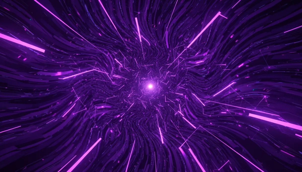 abstract 16:9 digital landscape with deep purple and electric violet flowing data streams, glowing neural network nodes and geometric light trails forming a tunnel, high-contrast abstract style