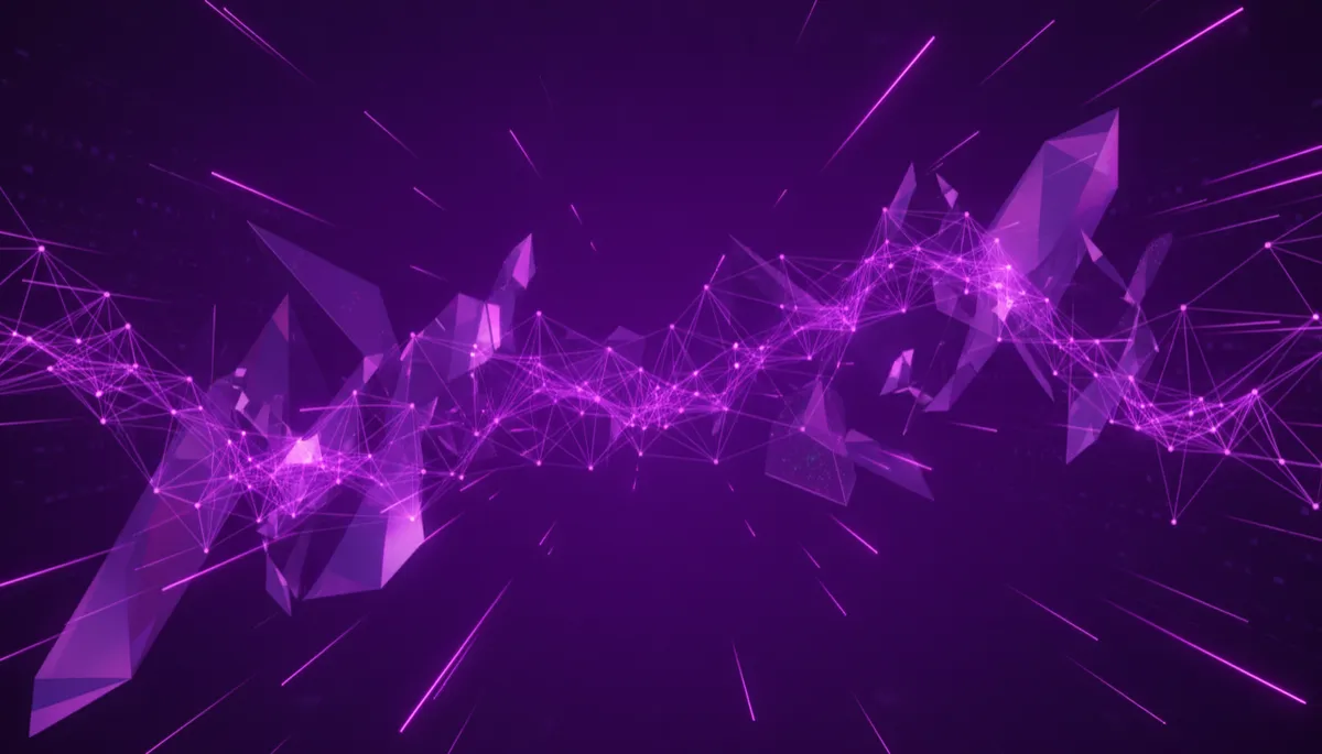 abstract digital geometric tech aesthetic in deep purple and violet palette, dark background with glowing neural network node graph and fractured holographic geometry, neon violet light trails and digital matrix grids, cinematic lighting, 16:9 ratio