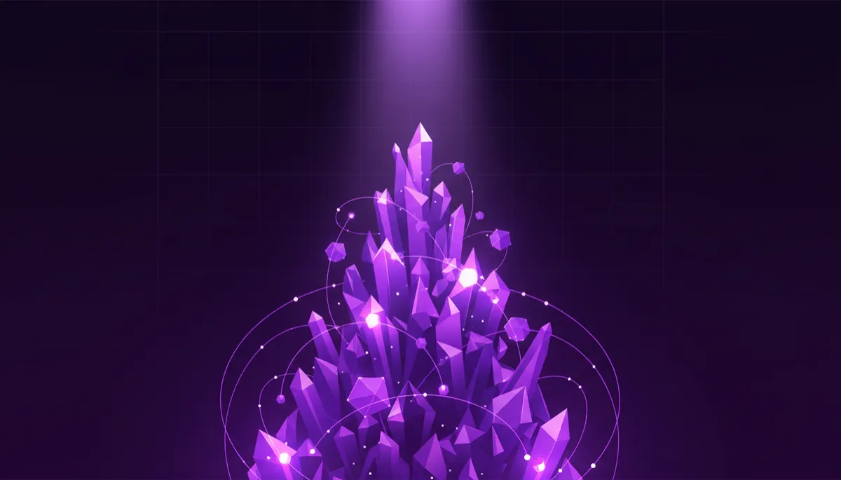 abstract digital geometric tech aesthetic in deep purple and violet palette, dark background with glowing crystalline data architecture rising upward like a stage spotlight, luminous knowledge graph nodes connected by neon violet lines, subtle overlay space for headline and subheadline text