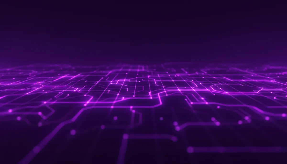 abstract digital flow visualization, abstract tech geometric, wide landscape composition of electric currents and data streams forming a neural grid in deep purple (#3D0066), electric violet (#8B00FF), and indigo (#4B0082), premium agency-level quality with subtle glow as if a content engine is powering up