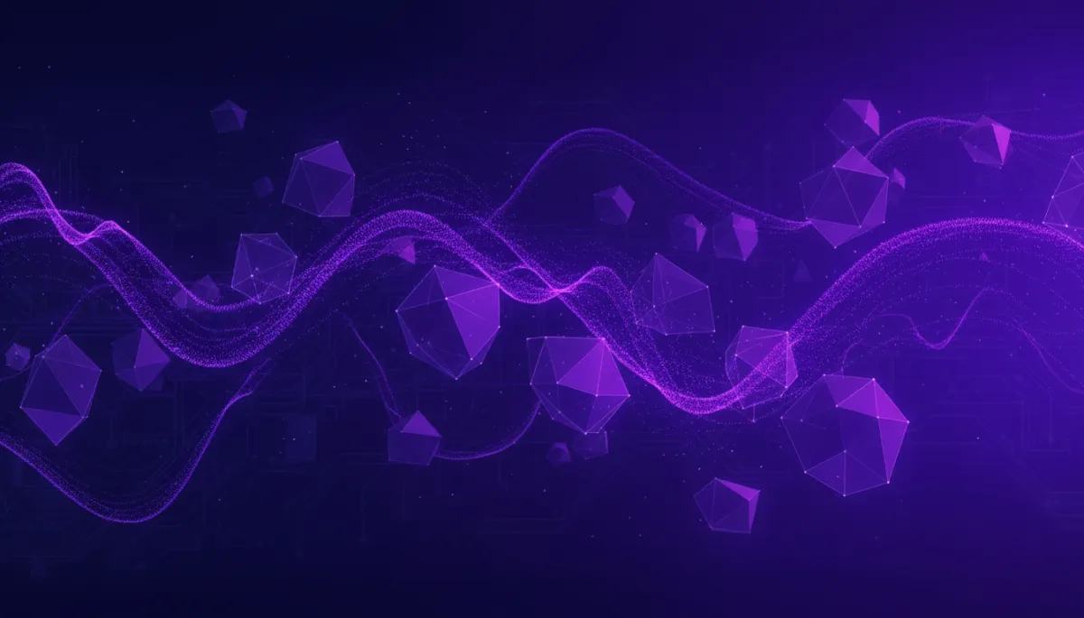 abstract, geometric, digital-flow tech visuals in deep purple and electric violet/indigo, flowing data streams and interconnected nodes suggesting AI-powered content networks