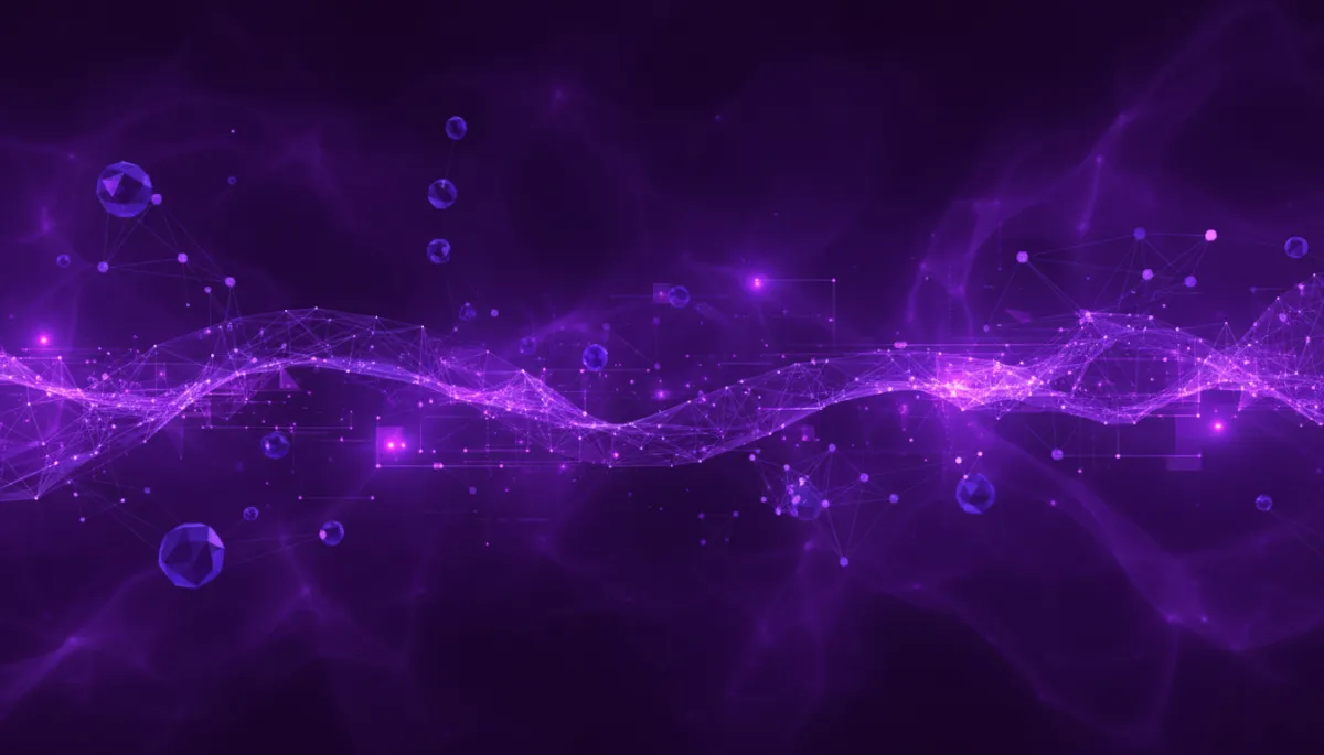 abstract digital technology visualization in deep purple (#4B0082) and electric violet (#8B00FF) with indigo network nodes and geometric data streams, wide cinematic abstract style, no humans