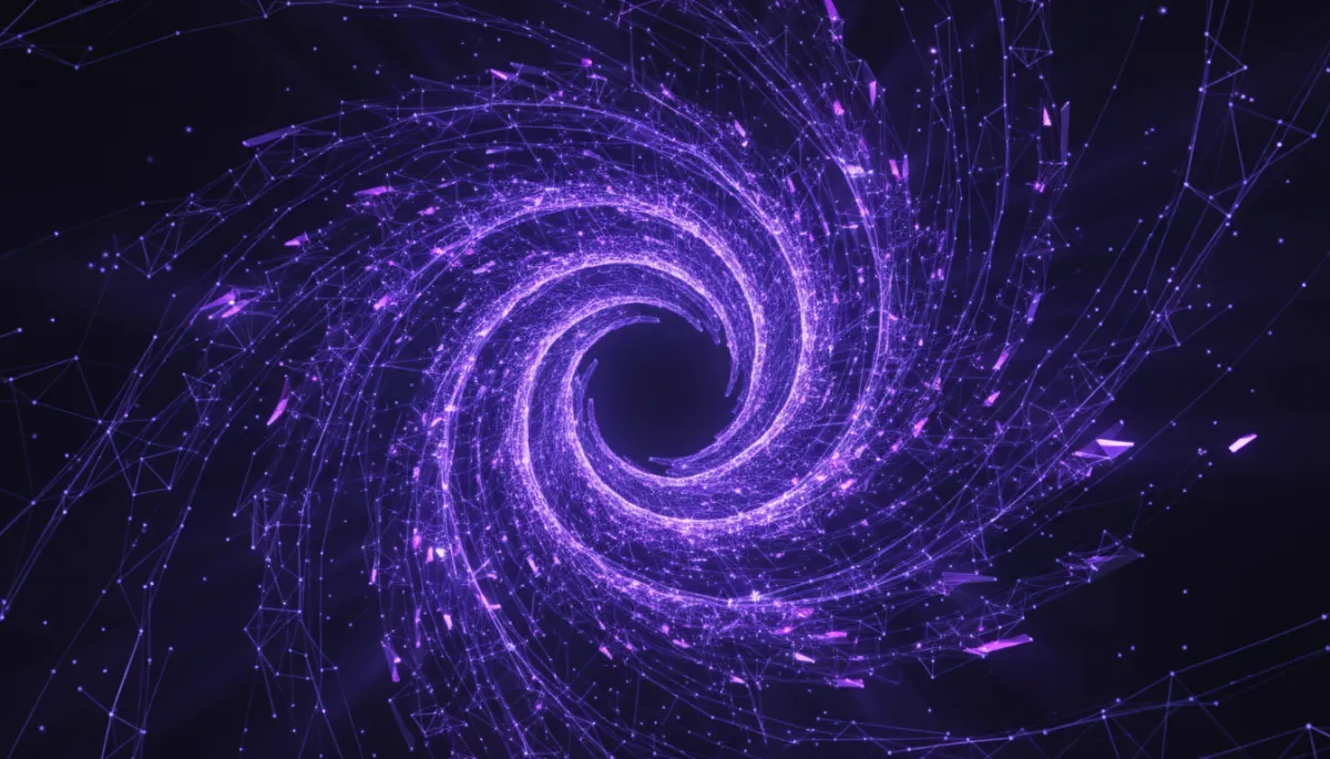 abstract digital art deep purple and electric violet digital vortex, glowing indigo neural network nodes, flowing data streams, geometric fractals dissolving into violet light, dark background, premium agency-level quality, 16:9 ratio