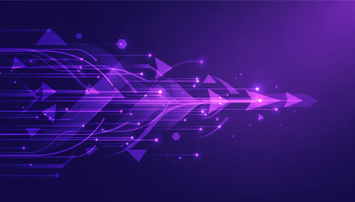 deep purple and electric violet/indigo abstract tech digital geometric flow, smooth interconnected lines and polygonal shapes forming a fast-moving data stream, no humans, premium agency-level illustration