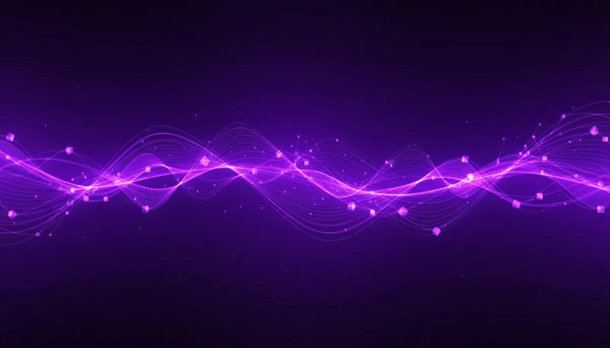 abstract geometric waves and data streams in deep purple and electric violet, high-speed digital motion, no humans, premium abstract style, widescreen 16:9 composition