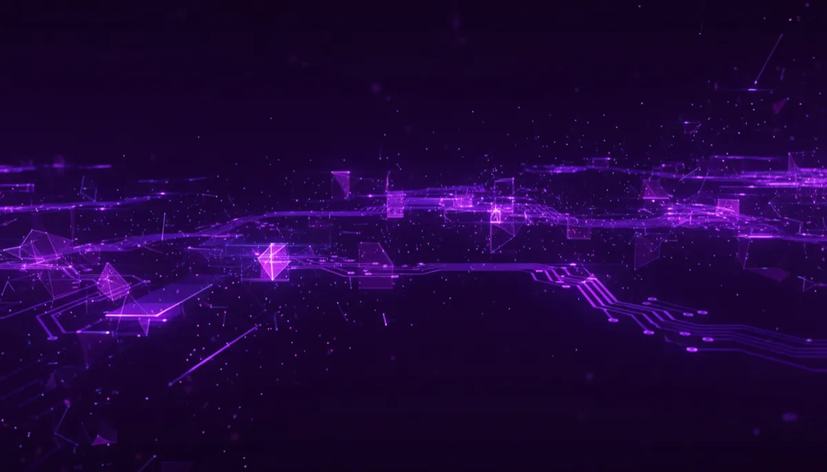 abstract digital technology visualization in deep purple and electric violet, flowing geometric data streams and circuit board patterns dissolving into light particles, glowing neon indigo accents, cinematic 4K aesthetic, abstract AI neural network or data flow visualization