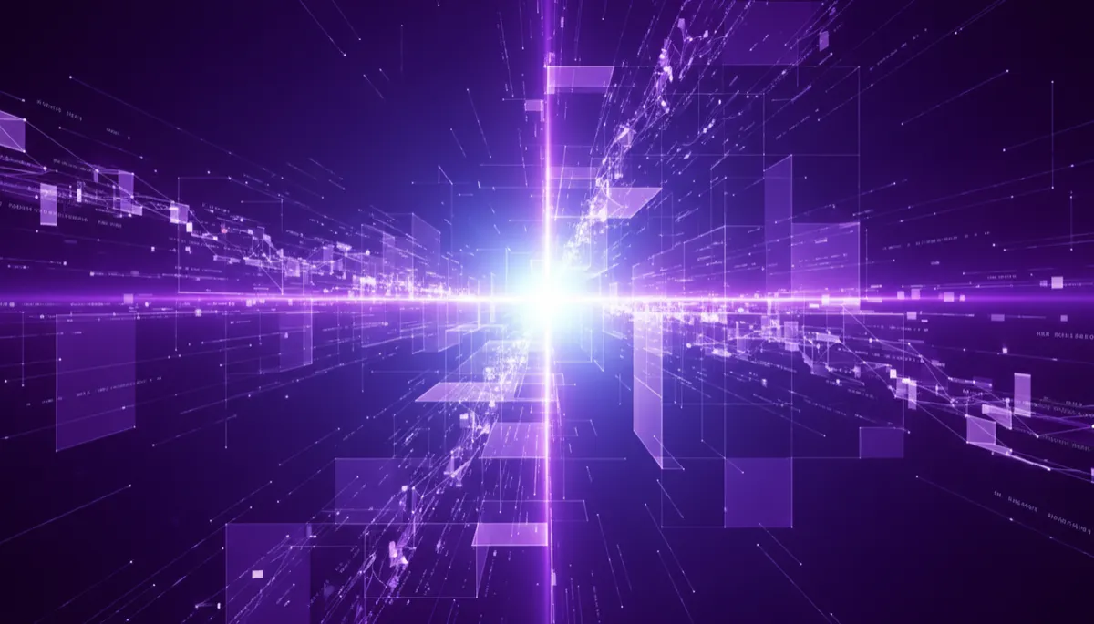 abstract, cinematic digital landscape in deep purple and electric violet, flowing data streams and geometric light grids converging toward a bright central point, no humans, premium abstract style