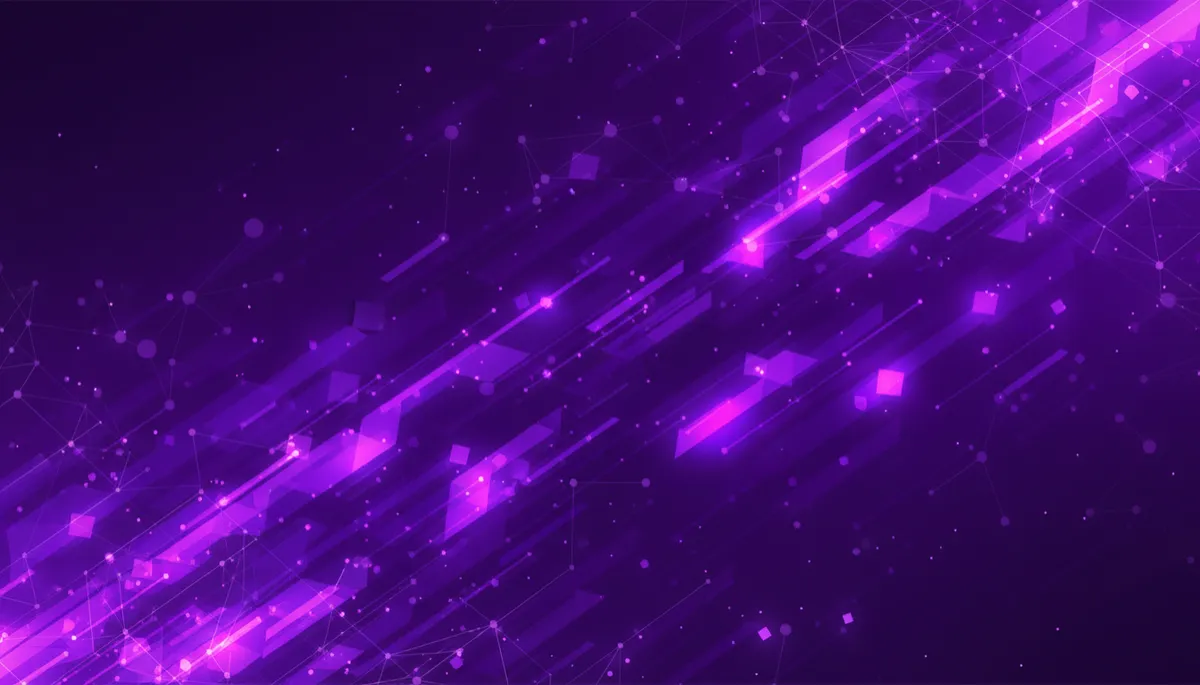 abstract 16:9 digital flow in deep purple, electric violet, and bright indigo gradients, with geometric particle streams, circuit-like lattice patterns, and glowing neural network nodes, high-detail abstract style
