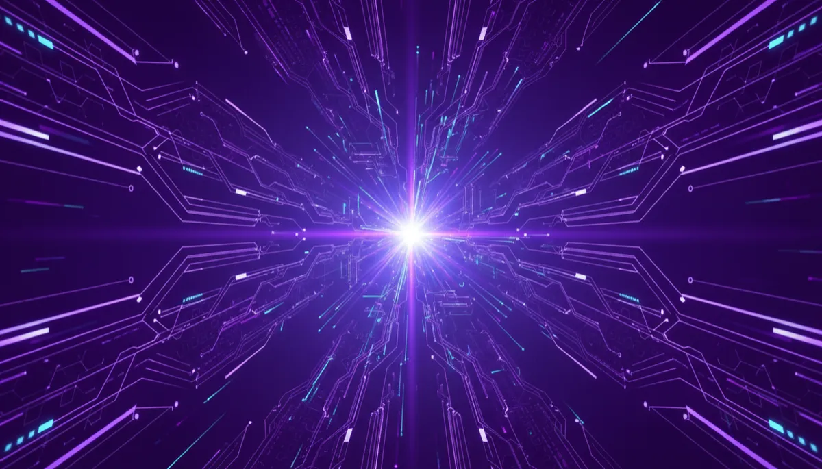 abstract, geometric, tech-forward digital flow visuals in deep purple and electric violet-indigo tones, glowing circuit patterns and neural network lines converging toward a bright center