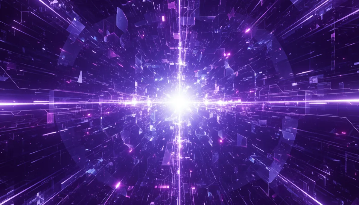 futuristic digital art of glowing neural network and geometric circuit patterns in deep purple and electric violet, flowing light trails converging toward a bright core, abstract tech background