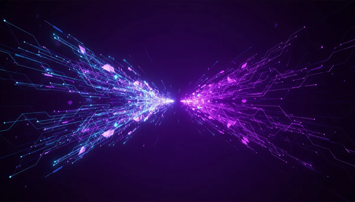 abstract tech/geometric, abstract digital flow with deep purple and electric violet circuitry and glowing data streams forming a split path, one side bright and expanding, the other fading into darkness