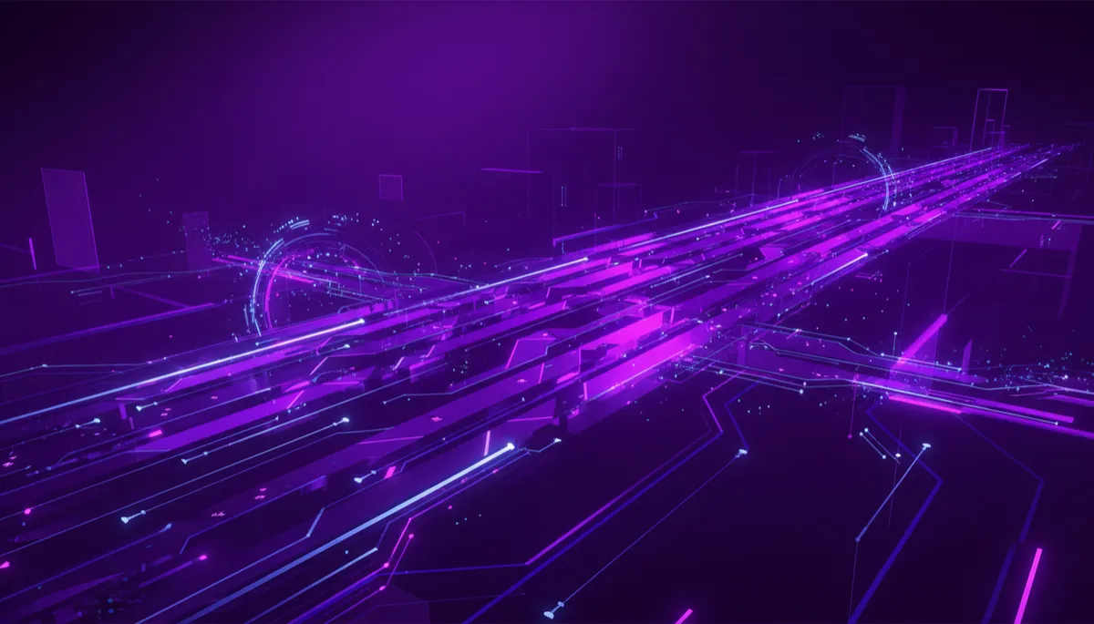 abstract tech landscape in deep purple and electric violet, digital geometry and flowing data streams forming a glowing highway of circuits, neon indigo accents suggesting rapid information flow and automation