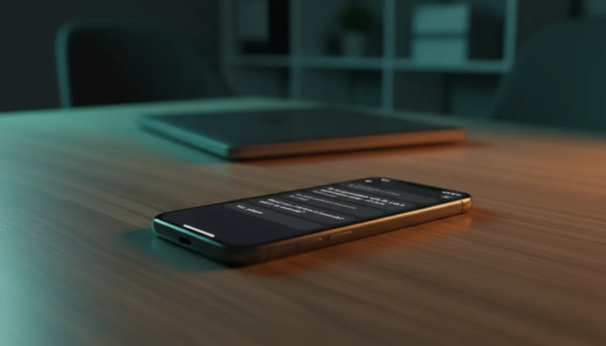 photorealistic close-up of a smartphone on a modern wooden desk, warm amber and teal lighting, screen showing an AI text conversation confirming an appointment while the room is dim and a laptop sleeps in the background