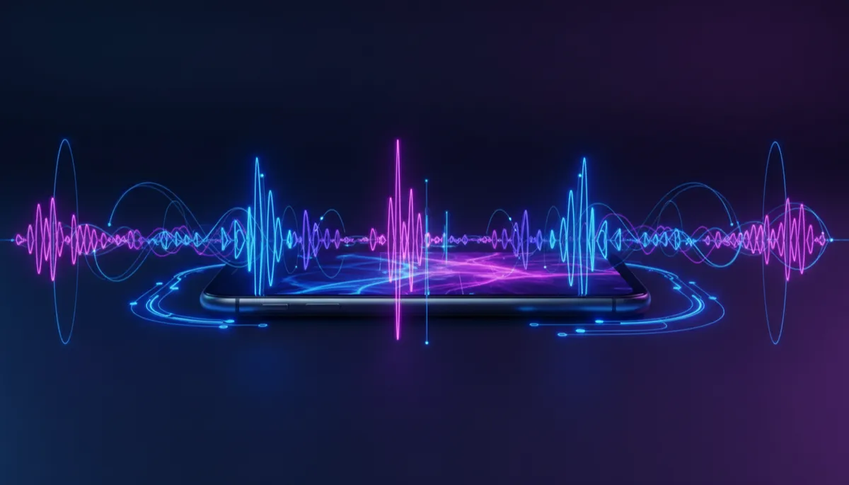 photorealistic sleek modern smartphone on a dark background with glowing blue and purple sound wave visualization pulsing from the screen, neon blue accents, no humans