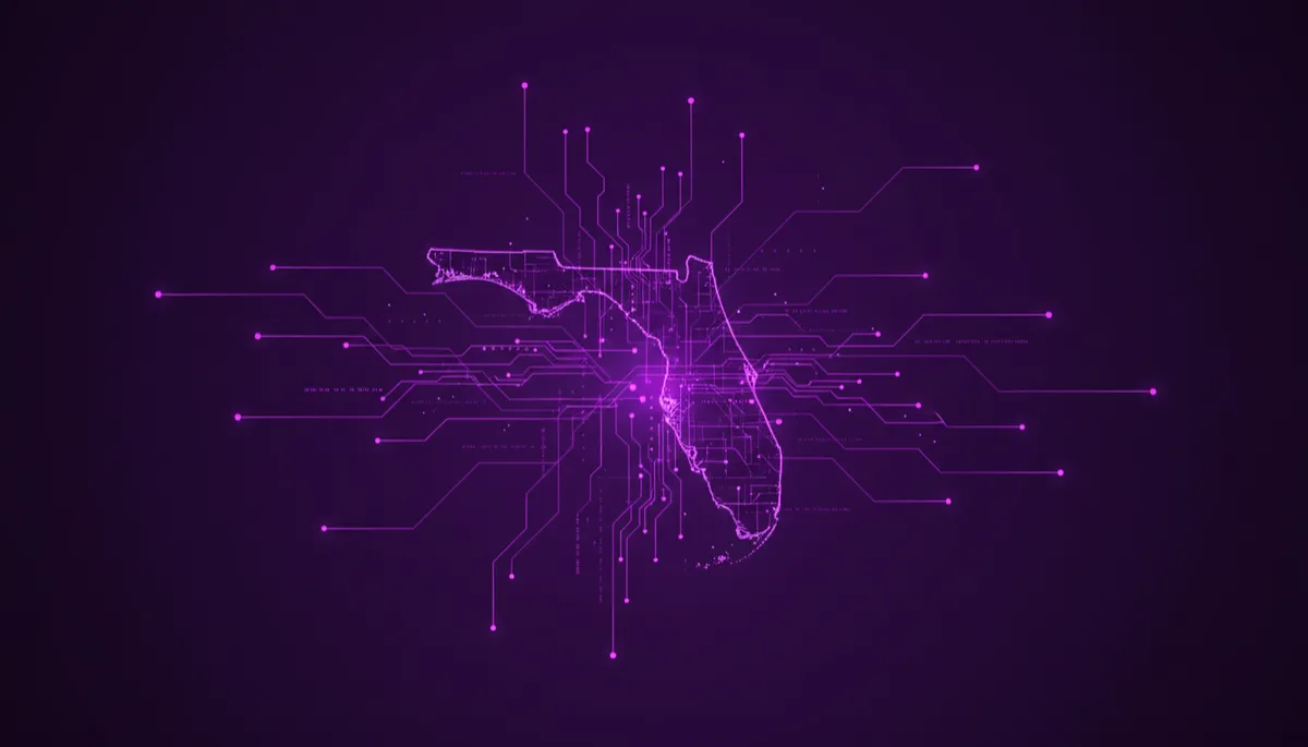 Abstract digital geometric flow visualization, deep purple #4B0082 and electric violet #8B00FF indigo palette, glowing luminous circuit-like geometric patterns and data streams flowing through abstract network nodes, Florida map silhouette subtly integrated into the composition, abstract geometric digital tech flow, no humans no faces no people, premium agency-level quality, ultra high resolution, futuristic tech aesthetic, dramatic lighting