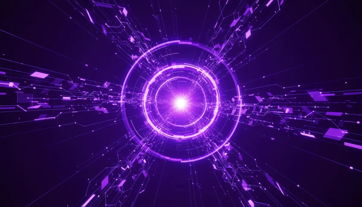 abstract tech landscape in deep purple and electric violet, flowing geometric data streams and circuit-like patterns converging toward a bright central vortex