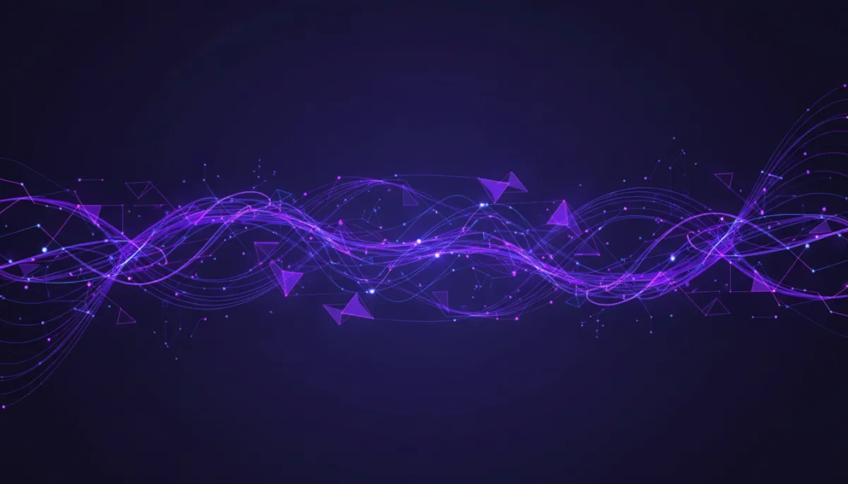 wide 16:9 abstract tech/digital/geometric/flow visual in deep purple and electric violet indigo, glowing data streams and neural network lines weaving across a dark background, premium agency-level illustration, no humans or objects, only circuitry-like motion and geometric light patterns