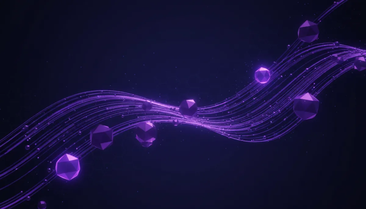 abstract digital geometric tech visualization in deep purple and electric violet, glowing neural network nodes connected by flowing data streams on a dark indigo background, no humans, premium agency-level aesthetic