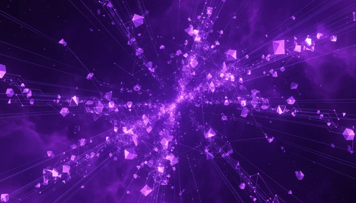 Abstract digital geometric neural network explosion in deep purple electric violet and indigo palette, no humans, premium agency quality