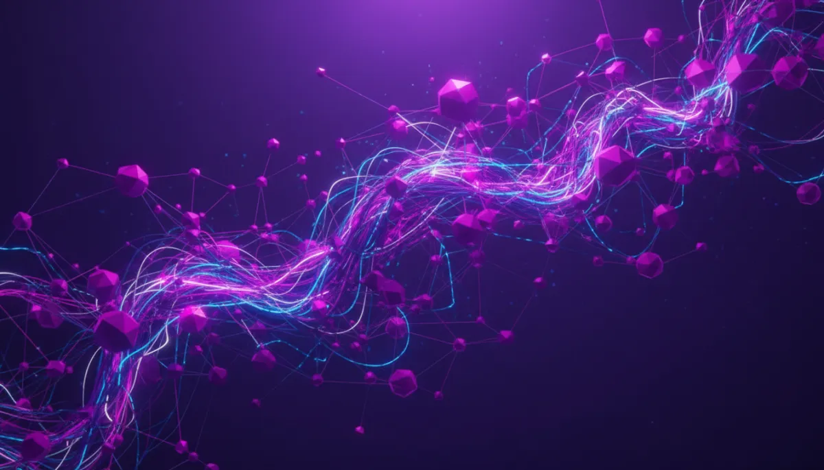 abstract deep purple and electric violet neural network of glowing nodes and data streams, geometric and fluid lines with cinematic lighting, no humans, premium agency-level style