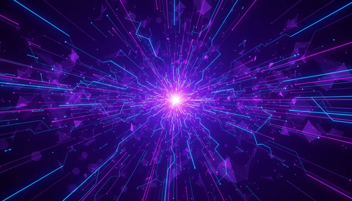 abstract, premium, digital geometric data streams in deep purple (#2D0057), electric violet (#7B2FFF), and indigo (#3D0099), with neon blue and magenta circuit patterns converging into a glowing central node, high-contrast neural-network style composition