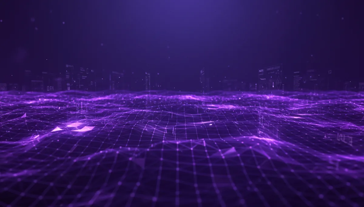 abstract digital landscape of flowing geometric data streams and holographic grids in deep purple and electric violet, premium agency-level quality, cinematic lighting, no humans