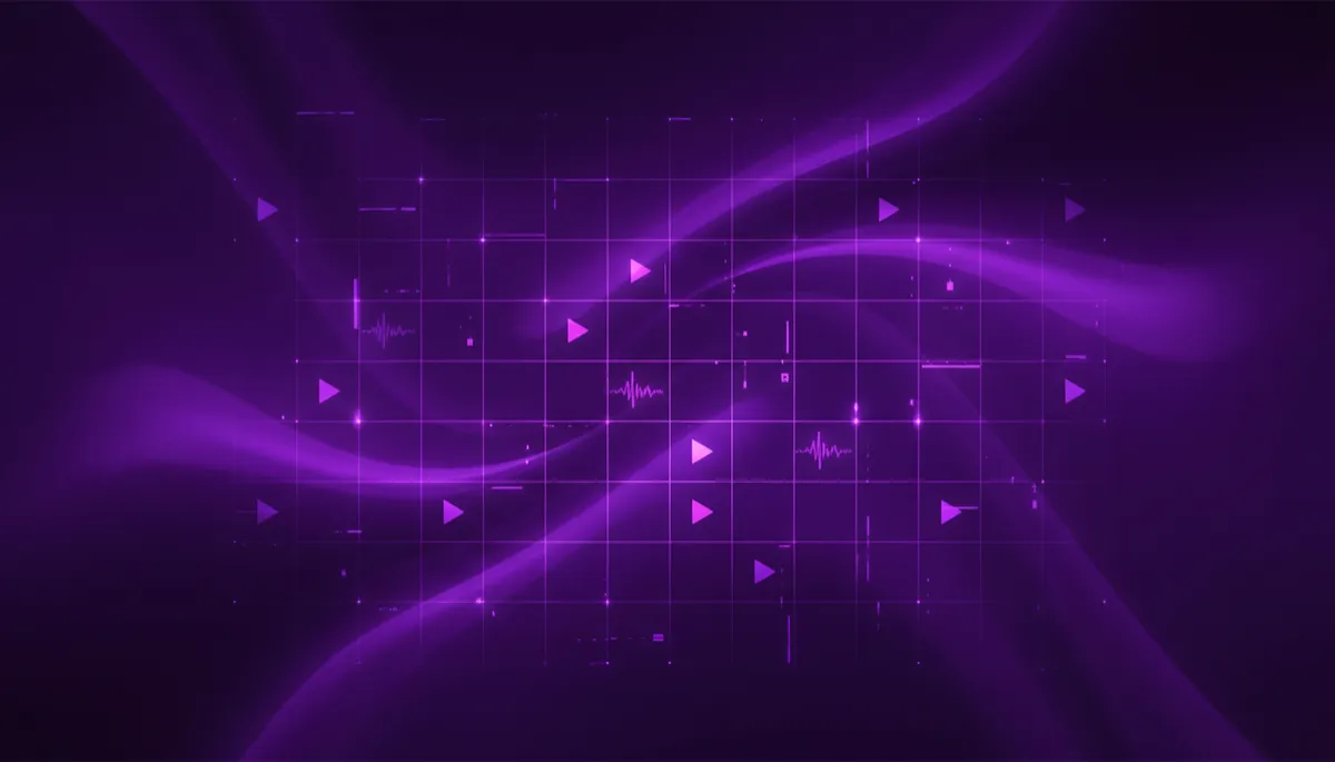 abstract tech/digital/geometric/flow visuals in deep purple and electric violet, glowing network lines forming a content calendar grid with subtle play icons and waveform motifs