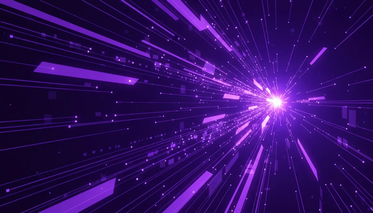 abstract digital/tech/geometric/data-flow visuals in deep purple and electric violet/indigo, sharp diagonal lines and glowing data streams converging toward a bright focal point, futuristic premium agency-quality style