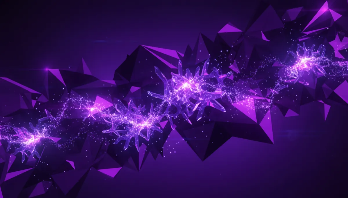 abstract digital geometric scene in deep purple and electric violet with indigo accents, glowing data streams and crystalline neural-network patterns weaving through angular shapes, no humans, no text, premium agency quality, cinematic lighting, high contrast