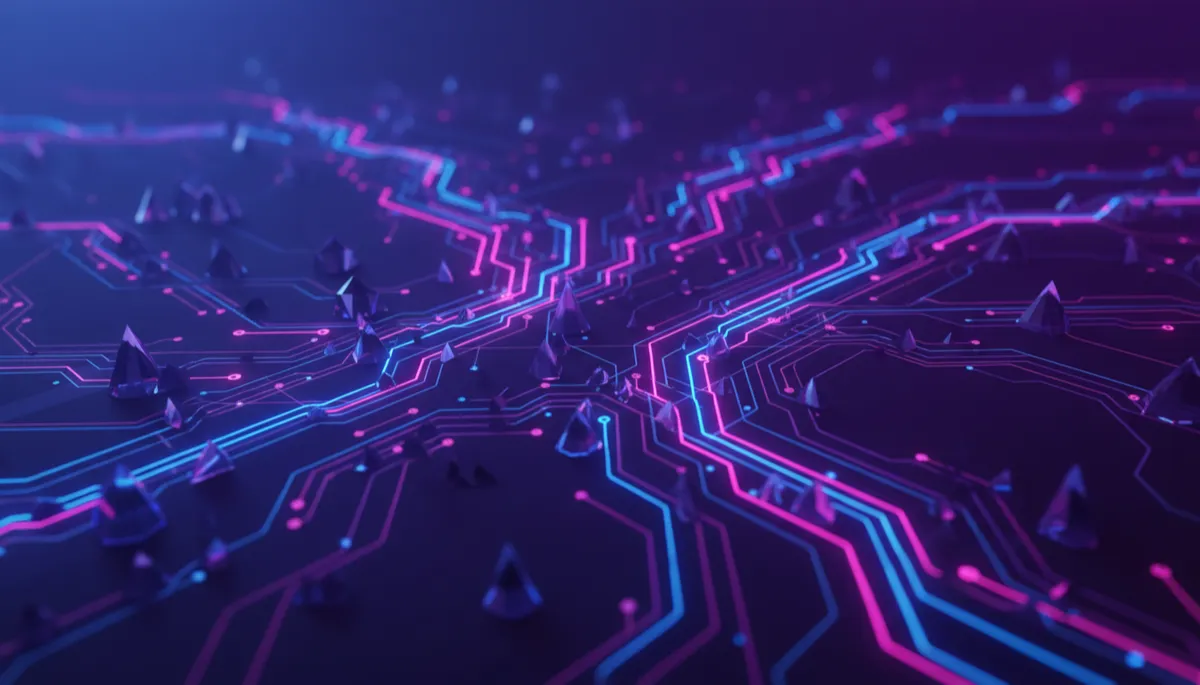 abstract deep purple and electric violet indigo tech landscape with flowing geometric circuits and data streams, premium digital agency style, no humans, bold contrast and subtle glow
