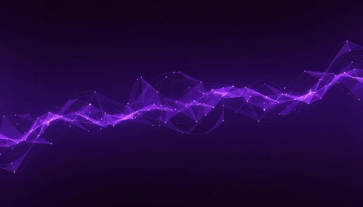 abstract deep purple and electric violet digital landscape with flowing geometric light trails, data streams, and glowing wave forms in a unified abstract style, no humans, premium agency quality
