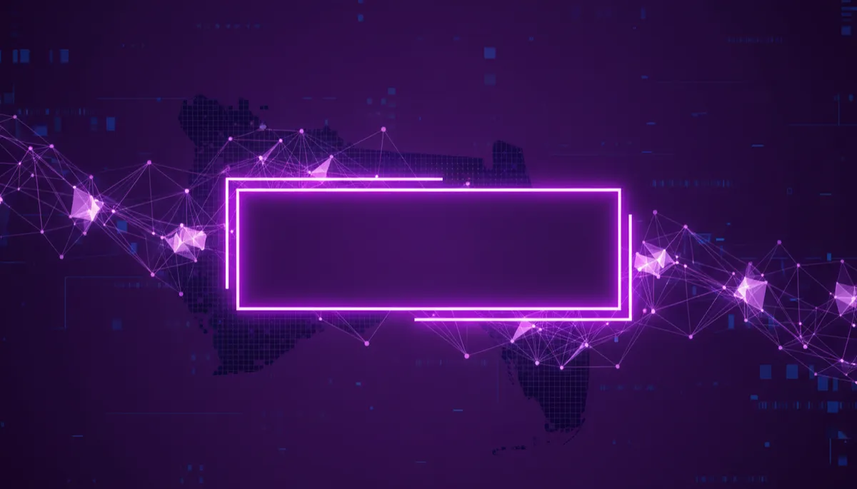 abstract, geometric, digital/tech/data-flow visuals in deep purple and electric violet/indigo, glowing neural network lines flowing across a dark city-grid silhouette suggesting Florida coastline, bold neon headline space in the center