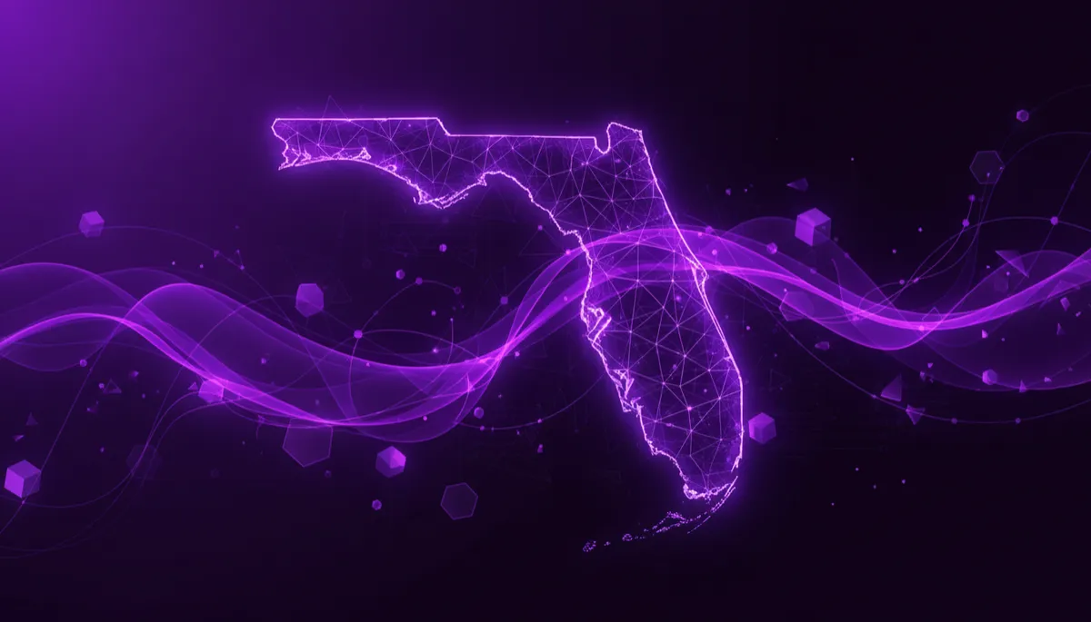 abstract, digital, tech, geometric, flow visuals in deep purple and electric violet/indigo; swirling neon violet data streams over a dark purple background forming the outline of Florida, with glowing geometric nodes and lines suggesting AI networks