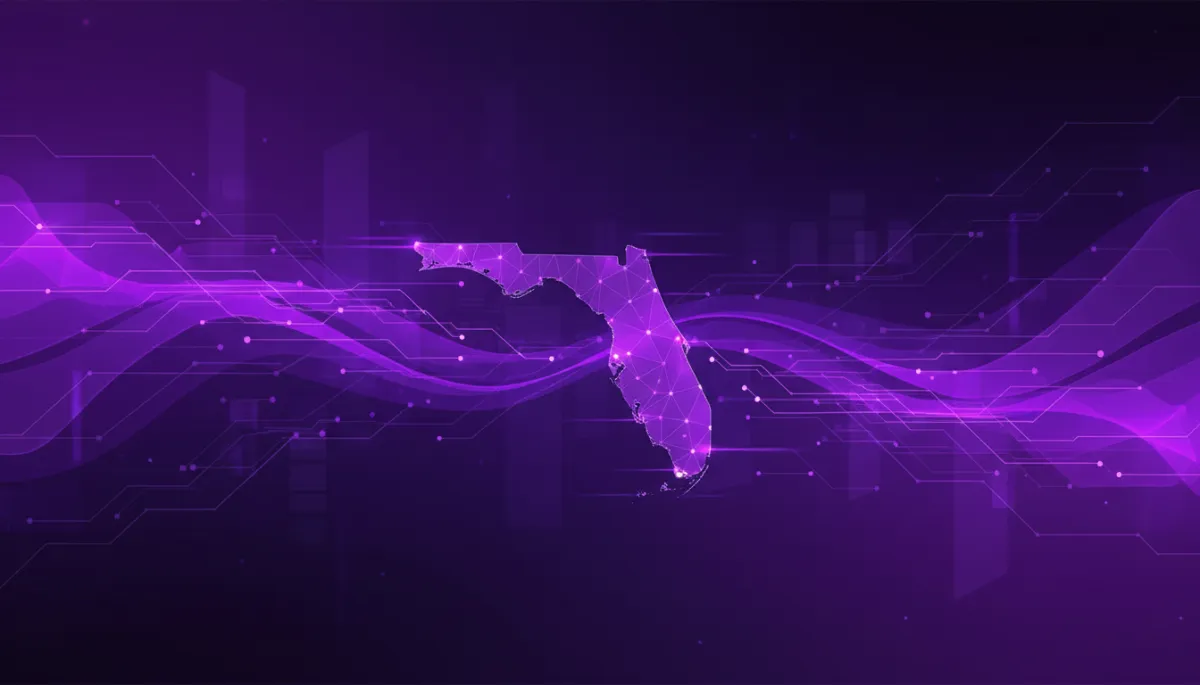 abstract tech/digital/geometric/flow visuals in deep purple and electric violet and indigo, layered waves of data streams and glowing nodes forming a subtle map-like shape of Florida, premium agency-level quality, no humans