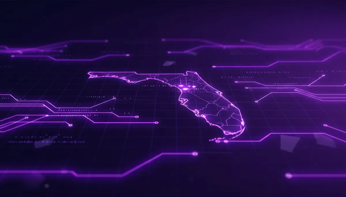 deep purple and electric violet/indigo abstract tech/digital/geometric/flow composition with layered circuitry lines, glowing data streams, and subtle map-like grid hinting at Florida coastline
