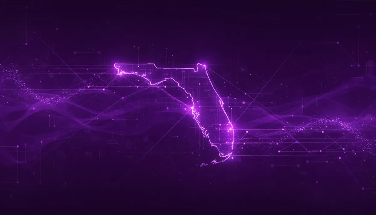 abstract tech/digital/geometric/flow visuals in deep purple and electric violet/indigo, glowing data streams forming the outline of Florida with radiating connection lines, premium agency-level design
