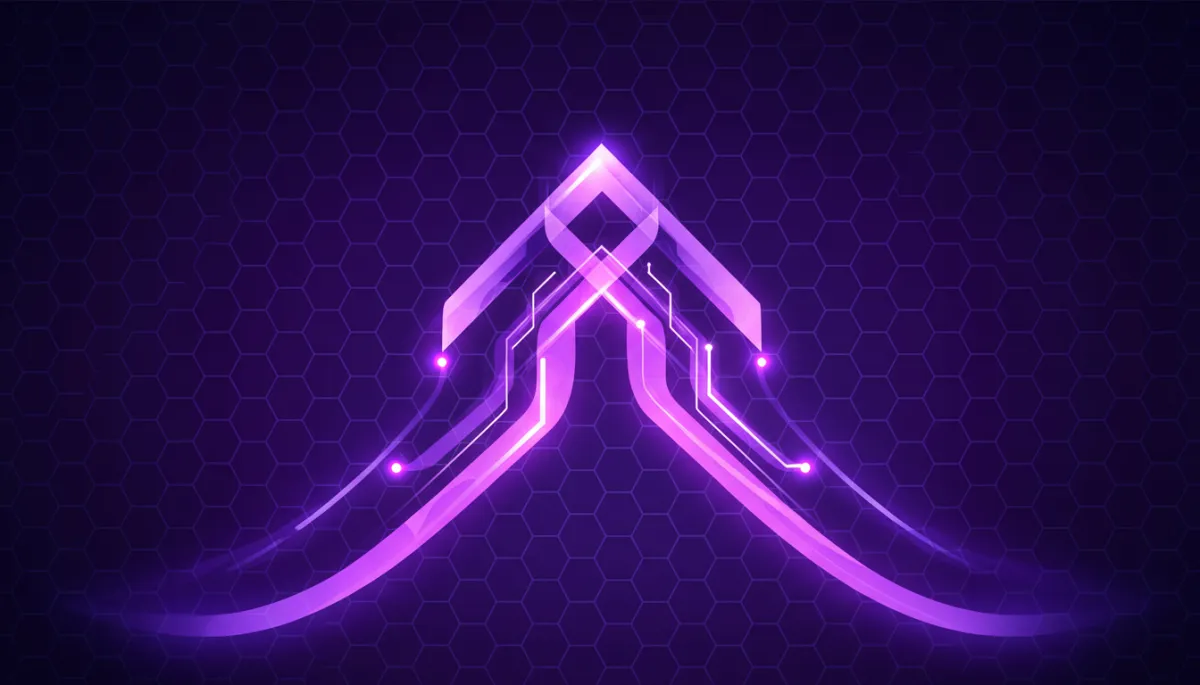 abstract tech/digital/geometric/flow visuals in deep purple and electric violet indigo palette, glowing circuit-like waves forming an upward arrow with subtle grid background