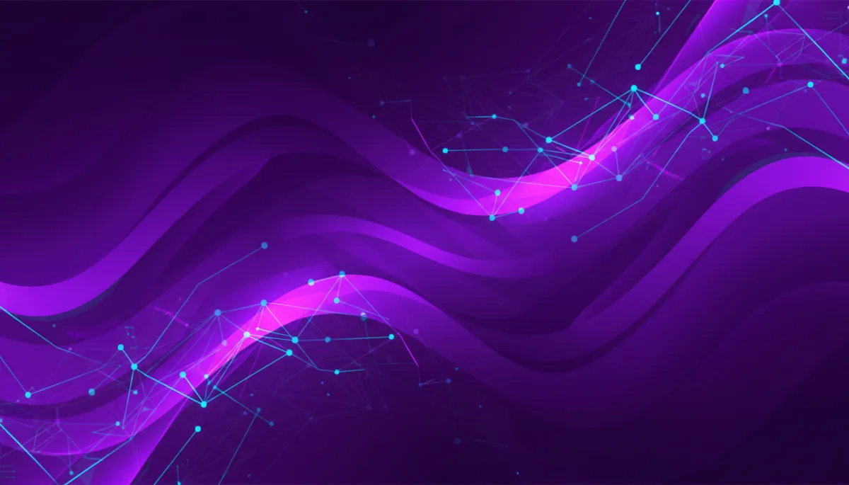 deep purple and electric violet abstract tech background with geometric waves and digital circuit patterns, premium agency-level design, no humans