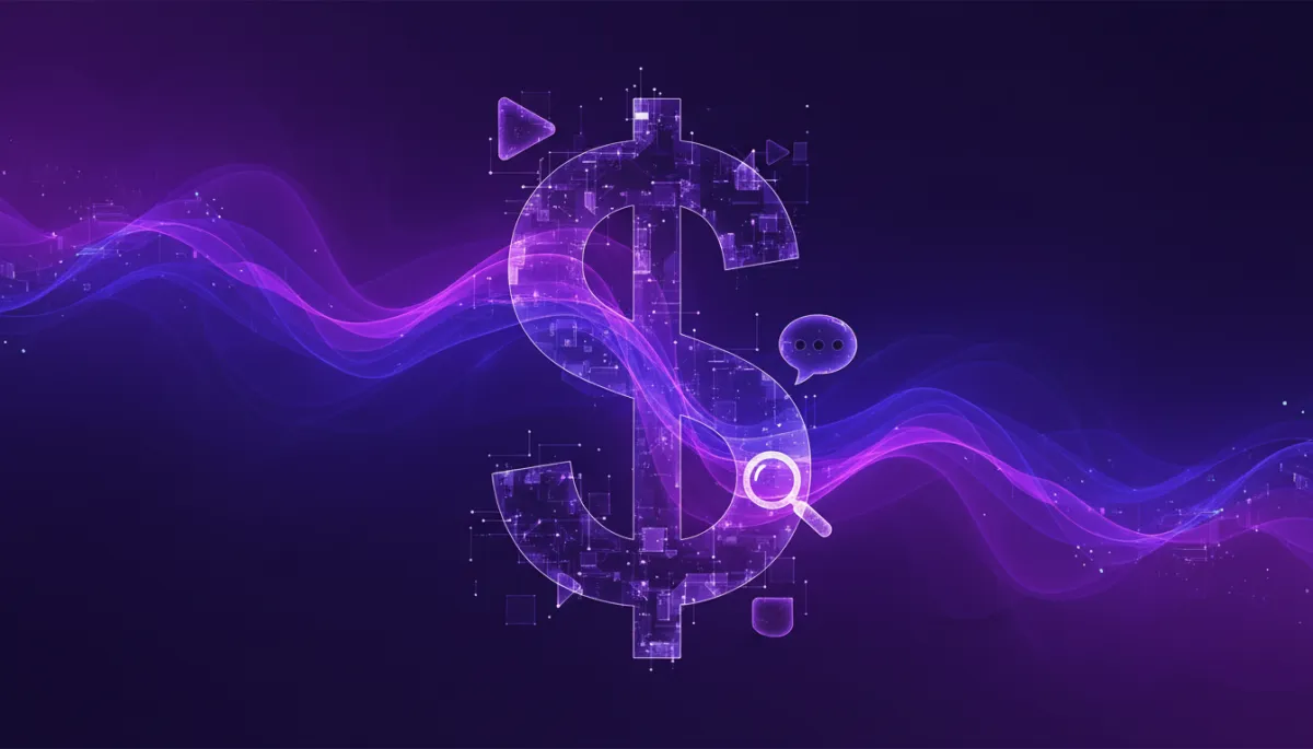 abstract tech/digital/geometric/flow visuals in deep purple and electric violet/indigo, layered waves of data lines forming the outline of a dollar sign and content icons like play buttons and chat bubbles, premium agency-level quality