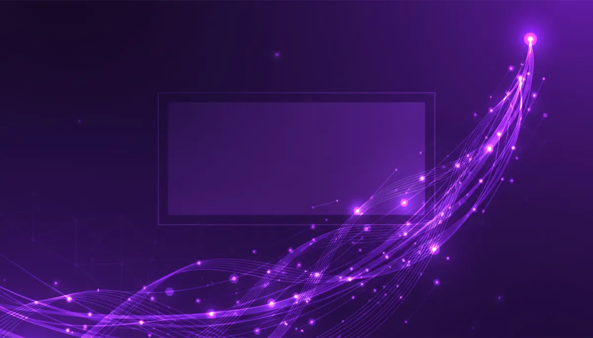abstract tech/digital/geometric/flow visuals in deep purple and electric violet/indigo, layered waves of data lines and glowing nodes forming a rising curve, subtle overlay space for headline text in center